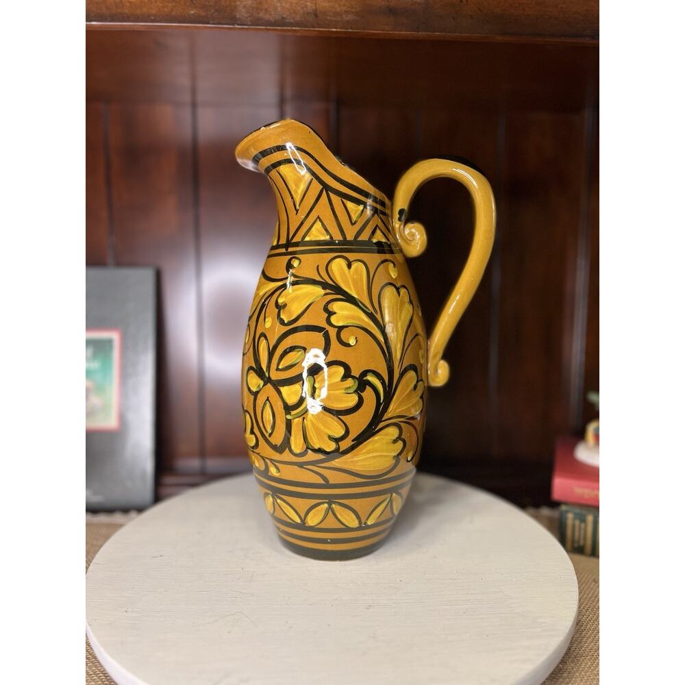 Aldo Londi Bitossi Italy Pitcher Vase Mid Century Modern Yellow Hand Painted